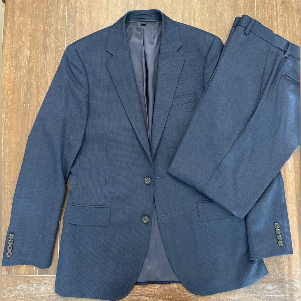 J Crew Four Season Wool 38r Slim Suit - 32x32 Slim Pants - blue herringbone